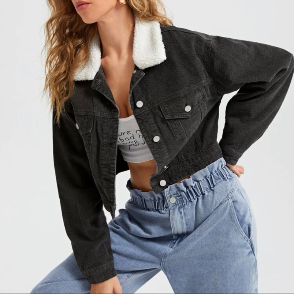 Contrast Teddy Collar Flap Pocket Cord Jacket